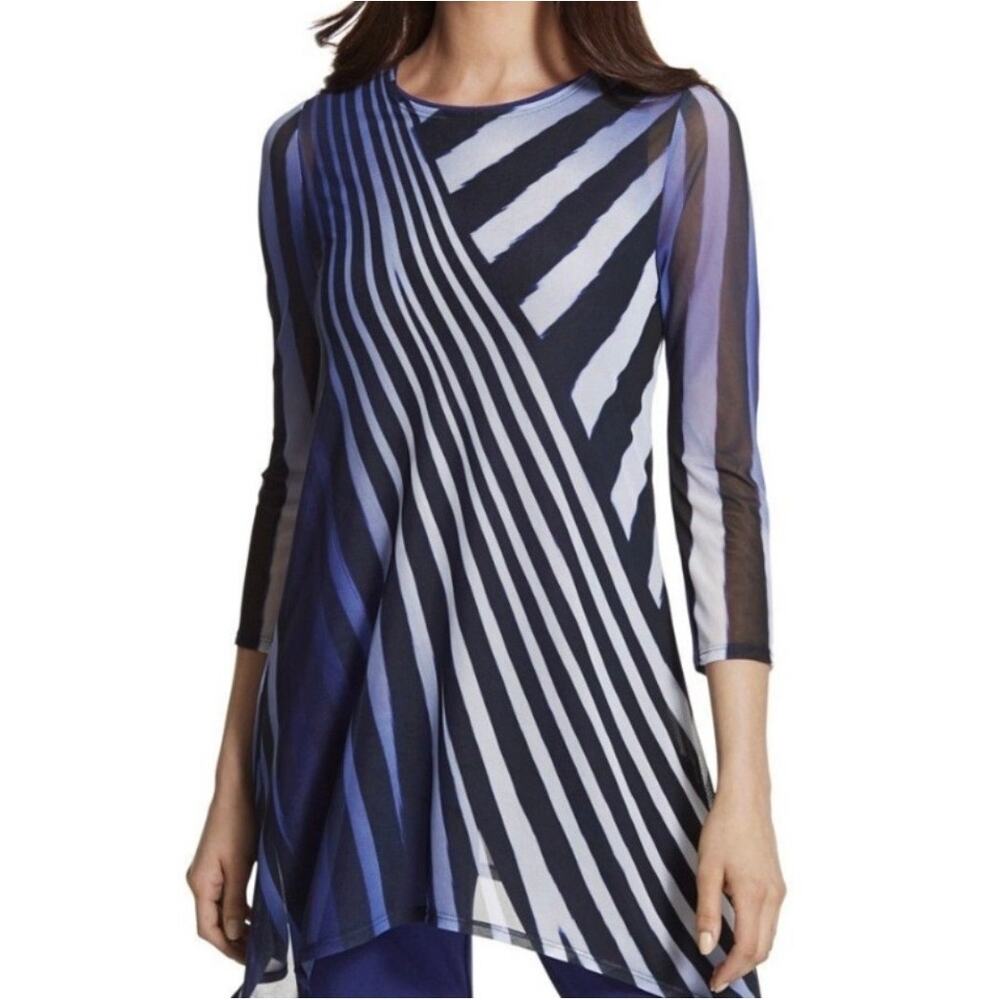 Chico’s Travelers Rhapsody Mesh Tunic Top Blue Sheer Sz L Packable Sheer Travel